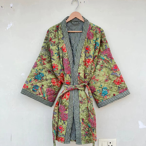 ชุดกิโมโนผ้าฝ้ายบุสองชั้นลายนกสีเขียวสำหรับผู้หญิงเสื้อคลุมกิโมโนสไตล์อินเดียสำหรับฤดูหนาว - Product Image 1