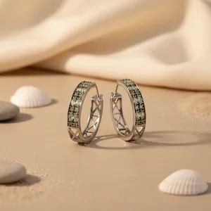 Boucles d'oreilles créoles en argent 925 pour femmes, pierre précieuse verte, style huggie, tendance, religieuse, forme de perle-lune, plaqué rhodium, or rose, cadeau - Product Image 1