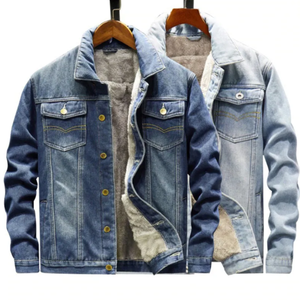 Chaqueta vaquera elástica larga hecha a medida para hombre, chaqueta vaquera lisa de invierno azul de algodón para hombre de talla grande - Product Image 5