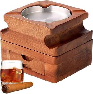 Cenicero de bambú con tapa Cenicero al aire libre viento cerrado Cenicero de acero inoxidable bambú diseño Retro hogar Oficina balcón - Product Image 4