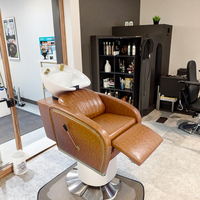 Fauteuil de lavage moderne en cuir PU pour salon de coiffure, chaise de lavage de cheveux en céramique, mobilier personnalisé en cuir marron pour salon de beauté et spa, vente en gros