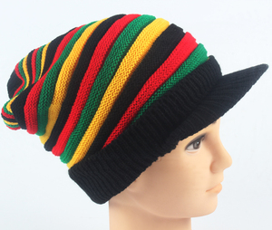 2025 Factory logo Custom Fashion Warm Jamaican Reggae Wool Cap Color Stripe Long rainbow Knit Pullover <b>Hat</b> With Brim - Product Image 2