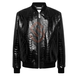 Vestes pour hommes Blouson aviateur en cuir de crocodile noir pour hommes Veste en cuir de luxe imprimé croco exotique véritable pour garçons d'université - Product Image 1