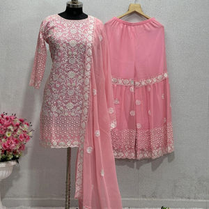 ชุดชาราร่าแบรนด์ FABZONE คุณภาพสูงสำหรับโอกาสพิเศษสำหรับผู้หญิง ดีไซน์ล่าสุด ผ้าจอร์เจตต์เนื้อหนา ปักลายและลายนูนอย่างประณีต - Product Image 1