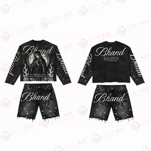 Ensemble T-shirt et short en jean pour homme, coupe ample, délavé à l'acide, col rond, ourlet brut, strass, tenue en jean - Product Image 5