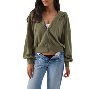 Venta al por mayor de ropa de calle informal personalizada recortada superior Boxy Sudadera con capucha de punto cremallera completa poliéster Color sólido chaqueta de Jersey para las mujeres - Product Image 5