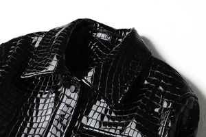 แจ็กเก็ตหนังจระเข้แกะแท้แขนยาวปกสีดำสำหรับผู้หญิงแฟชั่นใหม่ - Product Image 5