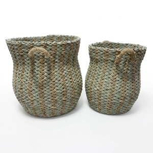 Natural Seagrass Recycled <b>Plastic</b> Storage <b>Basket</b> Set Blue Grey Herringbone Belly Pot Planter Handle Pure Art Room Decor Design - Product Image 1