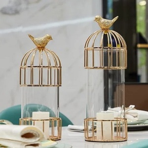 Accesorios de boda de estilo europeo Portavelas de jaula de pájaros de metal galvanizado dorado de F S International - Product Image 3