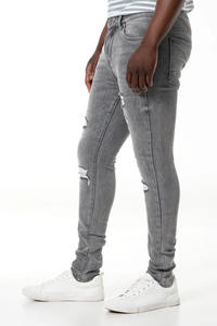 Jean en denim pour homme original, en Spandex/Coton, déchiré, délavé, coupe skinny légère, style streetwear, couleur unie - Product Image 2