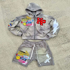 2025 Acid Wash Stone <b>Zip</b> <b>Up</b> Hoodie And Shorts Set Boxy Fit Street Wear 100% Cotton <b>Hoodies</b> & Short Sets - Product Image 1
