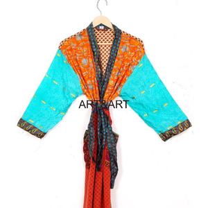 กิโมโนส่าหรีผ้าไหมอินเดียชุดแมกซี่วินเทจสำหรับผู้หญิงเสื้อคลุมเจ้าสาวแห้งเร็วเย็บปะลายดอกไม้สำหรับฤดูร้อน - Product Image 6