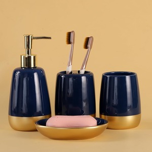 Modern <b>Navy</b> Blue and Gold <b>Bathroom</b> Set Designer Ceramic Luxury Stylish For Decor Contemporary And Gift Purpose Bath Collection - Product Image 1