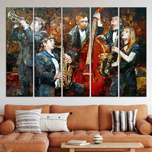 Toile imprimée avec des musiciens de jazz : élégante décoration musicale africaine, lot de 5 toiles - Product Image 1
