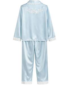 Ensemble de pyjama en satin de soie bleu clair pour femmes, personnalisé par le fabricant, boutonné, manches longues, vêtements de nuit luxueux, dentelle douce - Product Image 2