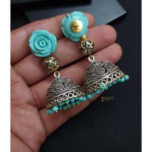 Floral Design <b>Turquoise</b> Stone <b>Stud</b> Jhumki Fashion <b>Earrings</b> - Product Image 1