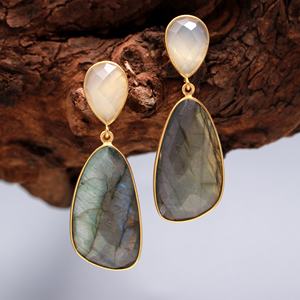 Plata de Ley 925 hecha a mano Natural labradorita orgánica piedra preciosa 18K chapado en oro Vintage antiguo minimalista pendientes para mujer - Product Image 3