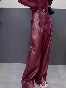 Women's High-Waist PU <b>Leather</b> Long <b>Pants</b> Wholesale Red Wide Leg Floor Length Casual Streetwear Winter Flat Front Style - Product Image 2