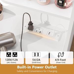 Tocador de Madera Grande Ajustable con Espejo Iluminado LED y Tomacorriente, 7 Cajones, 4 Estantes, 5 Ganchos, Diseño Moderno para Dormitorio - Product Image 6