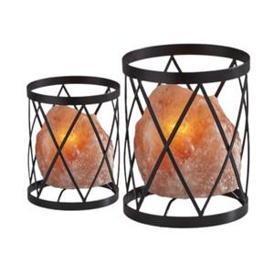 Lampe naturelle au sel de l'Himalaya en forme de cylindre de première classe avec cage en fer poli personnalisée Sian Enterprises Natural Crafts - Product Image 1