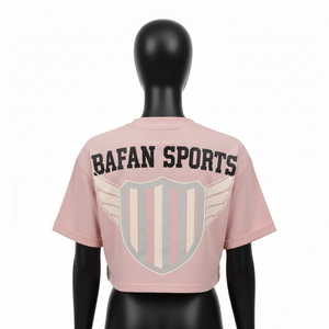 Women Crop Top Premium Cotton Polyester Jersey Fabric 180GSM Soft <b>Blush</b> Pink Custom Woven Patch Logo Women Crop top Shirt Cotton - Product Image 2