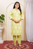 Kurta katun organik murni, tenun, bernapas, dapat dicuci, kerah V, motif bunga lucu, potongan samping lurus, pinggang elastis panjang (3/4)