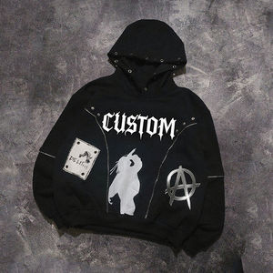 Sudadera con Capucha de Moda Urbana para Hombre, Invierno, Estampado Personalizado, Lavado con Pedrería, Estilo Desgastado, Decoración con Cremallera Lateral, Corte Holgado y Recortado - Product Image 2