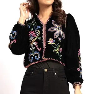 Multi Embroidered Cropped Velvet Jacket Women Jackets Ladies Official Coat Winter Clothes For Woman New Fashion