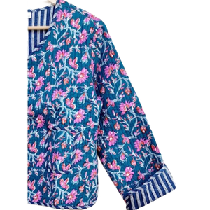 Manteau d'été court en coton matelassé bleu pour femmes veste en daim à imprimé floral réversible avec peau de vache 100% coton ODM Supply - Product Image 3