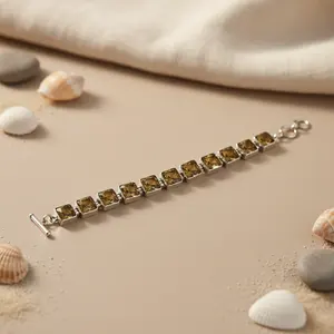 Bracelet en argent 925 pour femmes, pierre précieuse carrée, bijoux en cristal avec citrine, bracelets élégants - Product Image 1