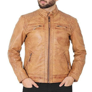 Bonne qualité 2025 en détresse pour le cuir véritable hommes mode veste pur agneau col montant Logo avant - Product Image 1