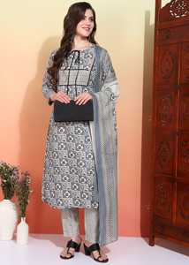 Conjunto de Kurta, Pantalón y Dupatta para Mujer, Algodón, Estampado Geométrico, Corte Recto, Largo hasta la Pantorrilla, Cuello con Muesca, Manga Tres Cuartos, Gris - Product Image 5