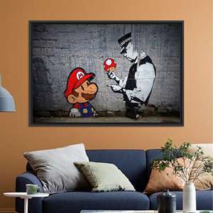 ภาพพิมพ์กราฟฟิตี้ซูเปอร์มาริโอบนผ้าใบ: ของตกแต่งห้องเกมมิ่งสไตล์แบงก์ซี่, ผ้าใบกรอบดำ - Product Image 1