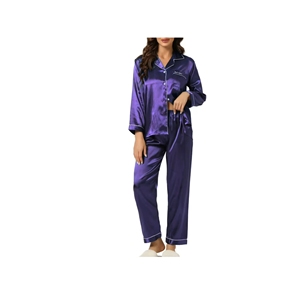 Ensemble de pyjama de salon boutonné en satin respirant pour femmes vêtements de nuit doux avec motif solide pour l'été automne printemps - Product Image 5