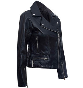Blouson moto en cuir véritable pour femme, col rabattu, fermeture éclair, manches longues, style motard, couleur unie, idéal pour l'automne - Product Image 6