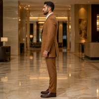 Jas Pria Cognac Tan Longline Double Breasted Wide Peak Lapel Kancing Emas Jas Bisnis Formal Pesta Custom Made to Measure