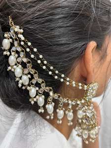 Bridal Kundan Jhumka <b>Earrings</b> with Pearl Chain & Matching Maang Tikka Gold Plated Traditional Jewellery Set - Product Image 3