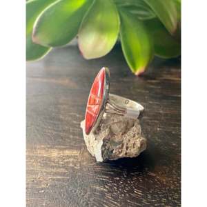 Germane Smith Spiny Oys & Sterling <b>Silver</b> Cobblestone <b>Ring</b> <b>Statement</b> Bezel Setting with Turquoise Coral Size 7 Everyday Wear - Product Image 4