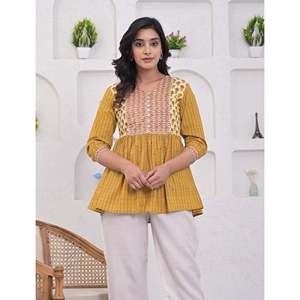 เสื้อสั้นพิมพ์ลายมัสตาร์ดผ้าฝ้ายระบายอากาศได้ดีตกแต่งแบบปัก - Product Image 1