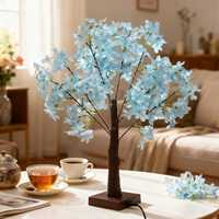 Mini arbre lumineux aux fleurs de cerisier bleu rêveur, alimenté par USB, lumières LED blanches chaudes pour Noël