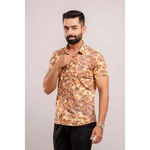 Chemise décontractée en coton pour homme, à manches courtes, col montant, imprimé floral jaune, en popeline respirante, style western, pièce unique ODM - Product Image 4