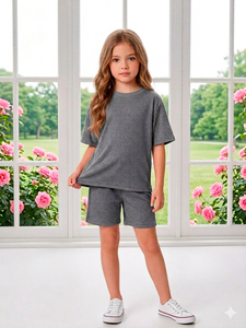 Set T-Shirt a Maniche Corte e Pantaloncini in Cotone Corduroy Grigio Eco-Friendly per Ragazze, Tinta Unita, Outfit Primavera Autunno - Product Image 1
