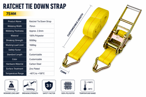 Truck Tie Down Ratchet Strap 75mm Hook Polyester 8000kg Heavy Duty <b>Cargo</b> Handling Custom Length OEM ODM Factory Supply - Product Image 4