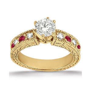Anillo de Compromiso de Oro Amarillo de 14k con Diamantes y Rubíes Antiguos de 0.75ct - Estilo Vintage Elegante - Product Image 1