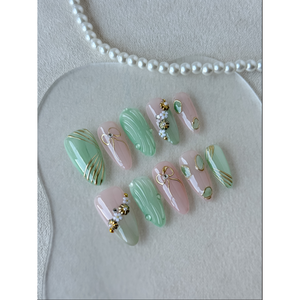 Uñas Postizas Sakura Mint, Arte de Uñas Exquisito con Motivo de Menta y Sakura, Fáciles de Aplicar y Duraderas - Product Image 4