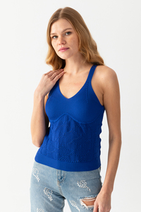 Top de punto azul para mujer con cuello en V, estilo casual, transpirable, de poliéster y elastano - Product Image 5
