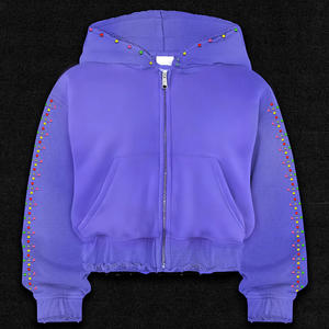 Men's Heavyweight Cotton <b>Zip</b>-<b>Up</b> <b>Hoodie</b> Colorful Rhinestone Embellished Casual Sweatshirt Drop Shoulder Fit for Winter hoodies - Product Image 5