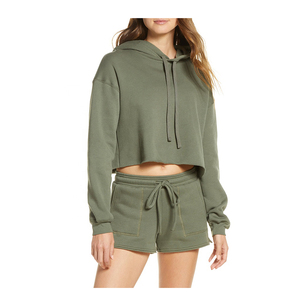 Conjunto de Sudadera Corta con Capucha y Pantalones Cortos de Felpa para Mujer, Color Verde Oliva, Manga Larga, Color Sólido, Estilo Casual - Product Image 1