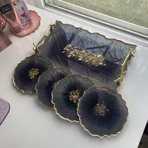 Elegant Gold-Plated Black Resin Tray & <b>Coasters</b> Set Decorative Metal Branch Handle for Home Restaurant Serving & Parties - Product Image 1