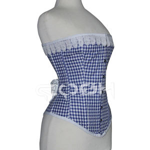 Corset en coton à imprimé à carreaux bleus avec dentelle fantaisie blanche - Product Image 3